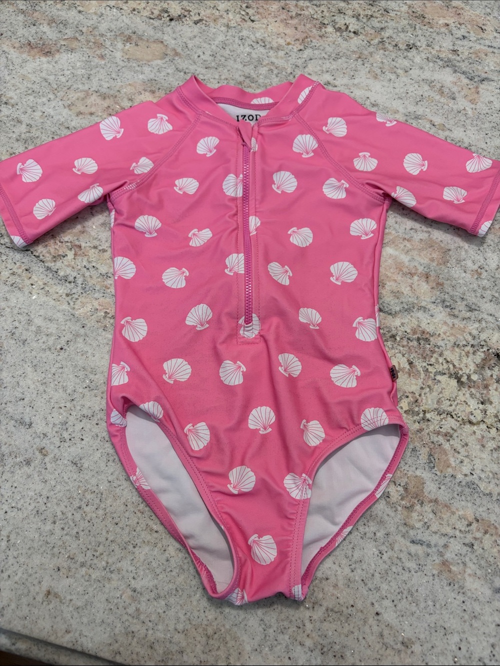 10/$30 IZOD Pink Shell-Print Girls' Zip Front Swimsuit